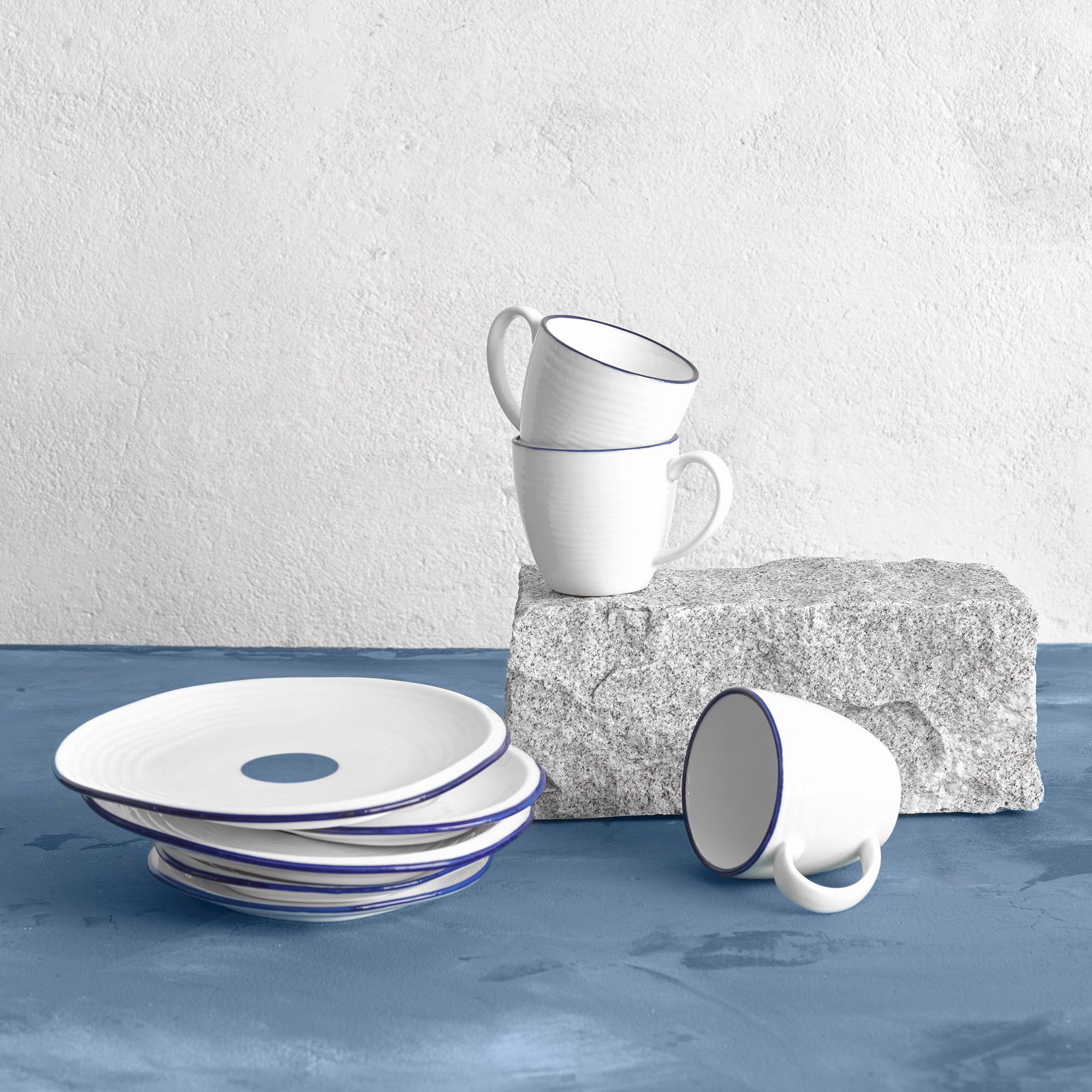 22-OZ White Porcelain Bowl with Blue Accent - Set of Six