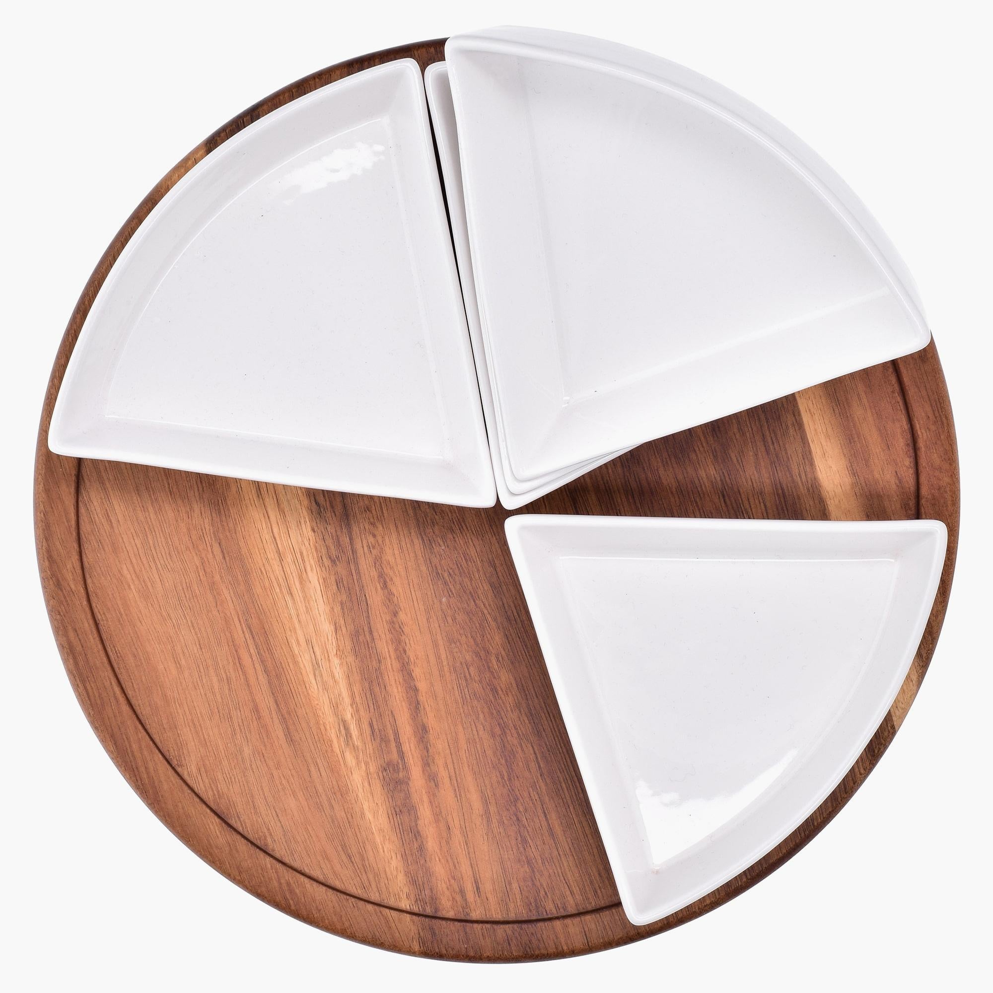 Wooden Lazy Susan Turntable with 5 Triangular Appetizer Plates