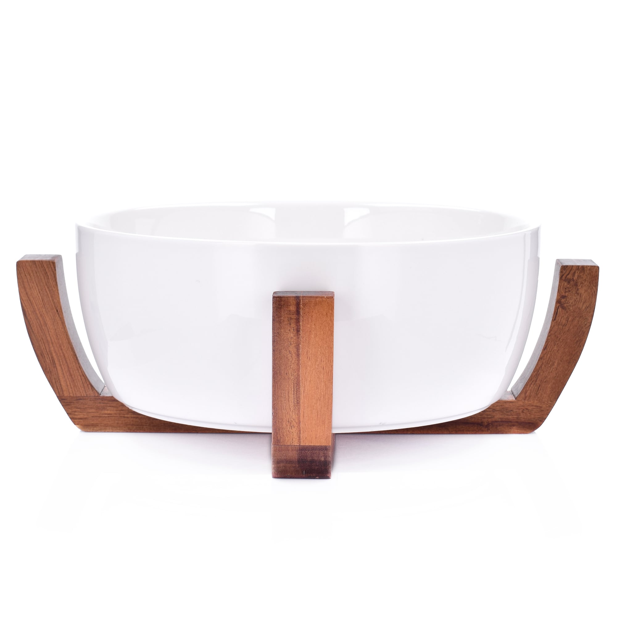 White Porcelain Salad Bowl Combo Set with Wooden Base