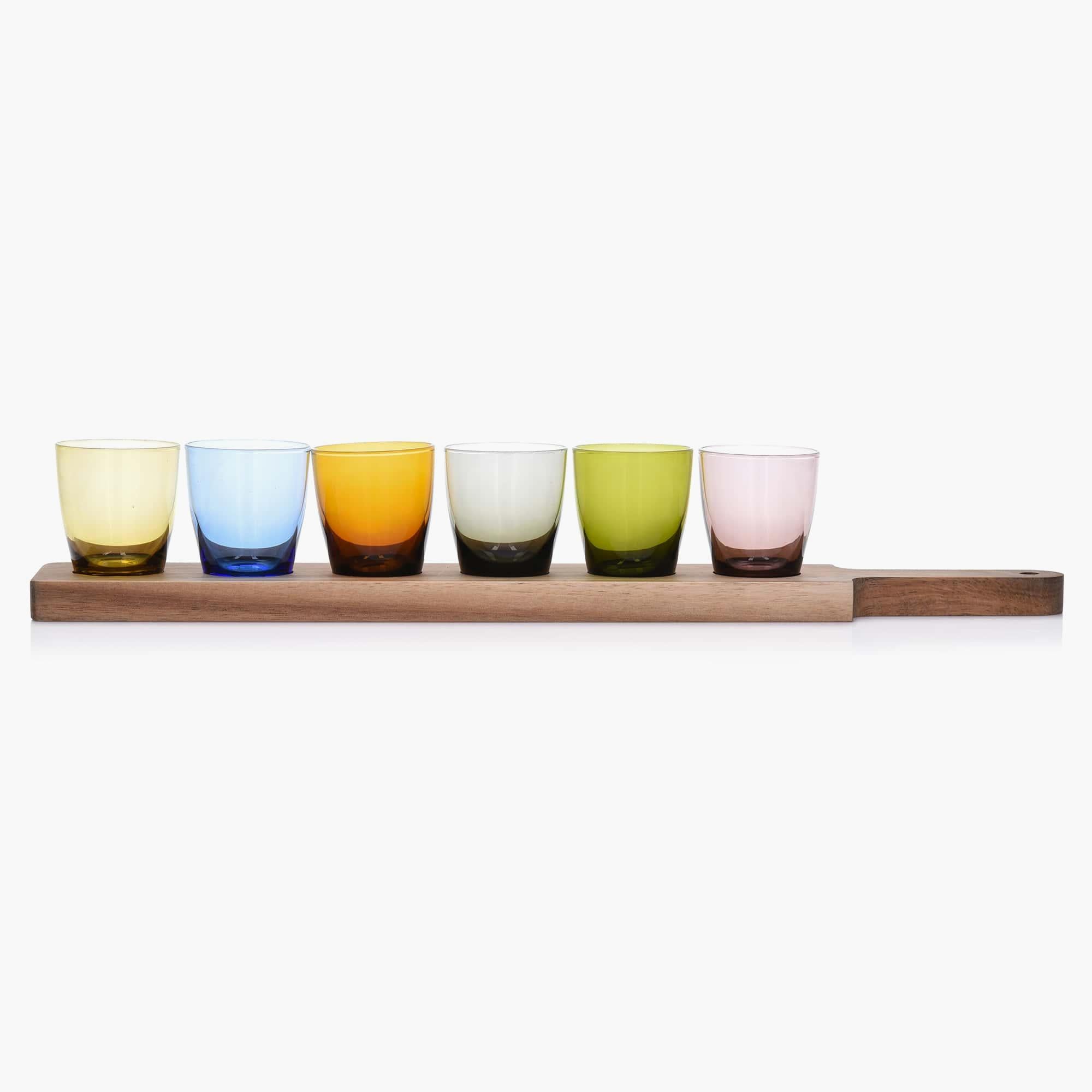 Set of 6 Colored Shooter Glasses with Shot Glass Flight Board