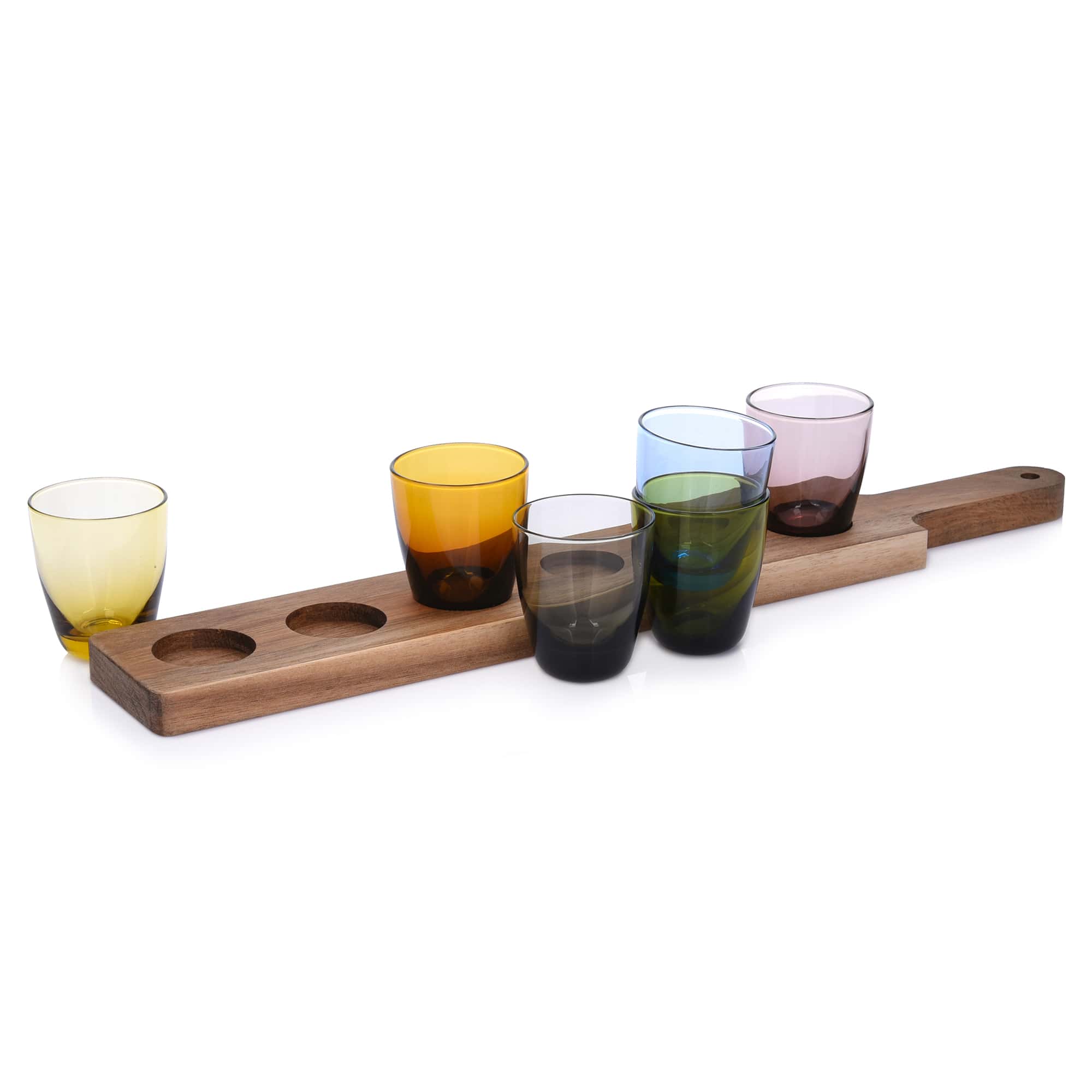 Set of 6 Colored Shooter Glasses with Shot Glass Flight Board