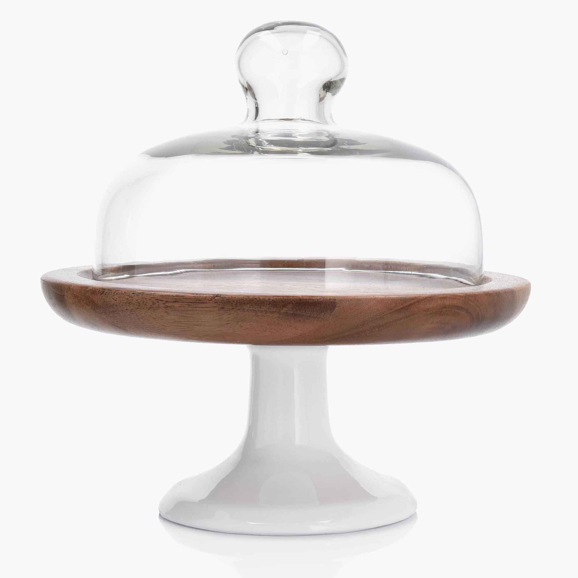 Wooden Serving Stand with Glass Cloche Dome & Porcelain Base