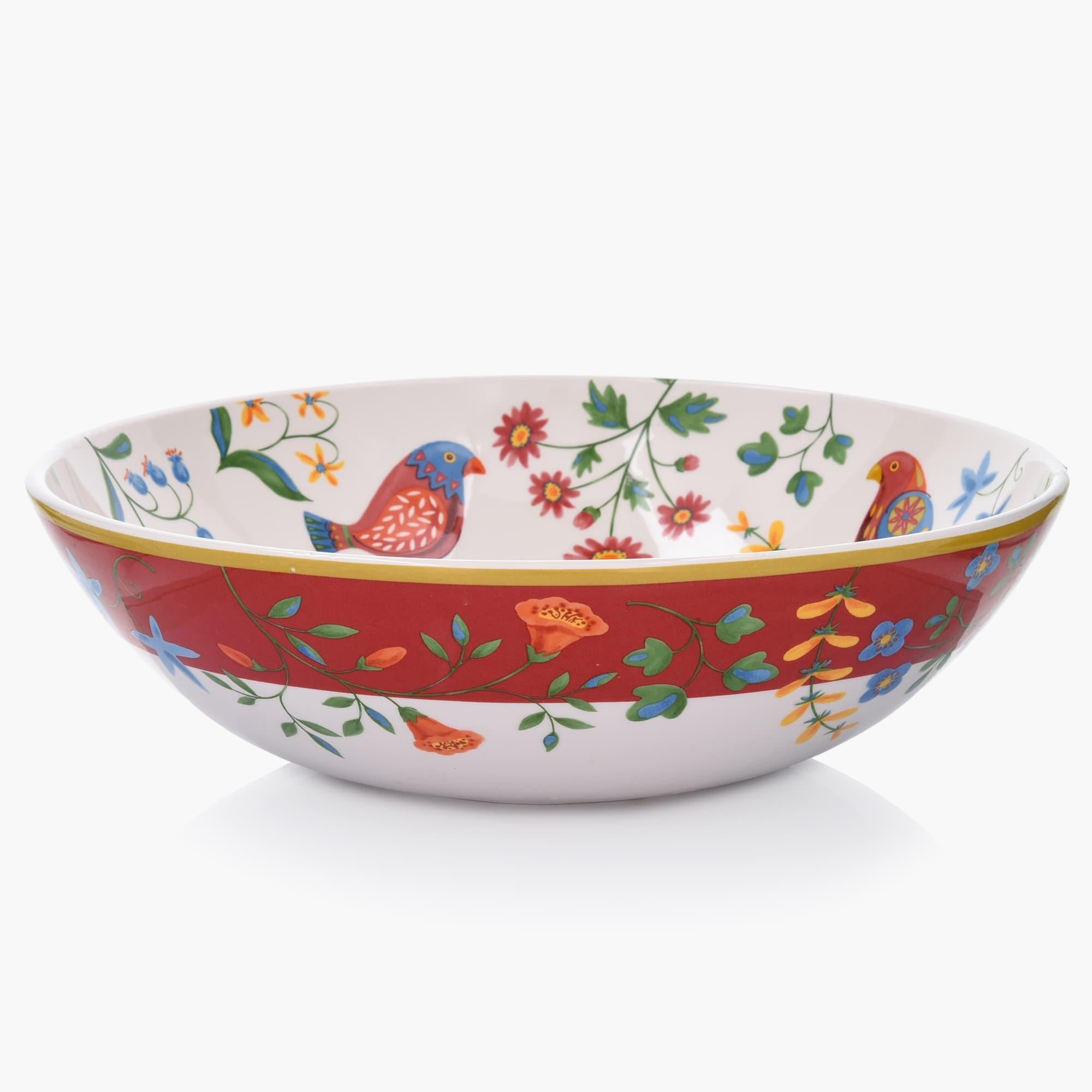 13-Inch Folk Art Inspired Ceramic Bowl