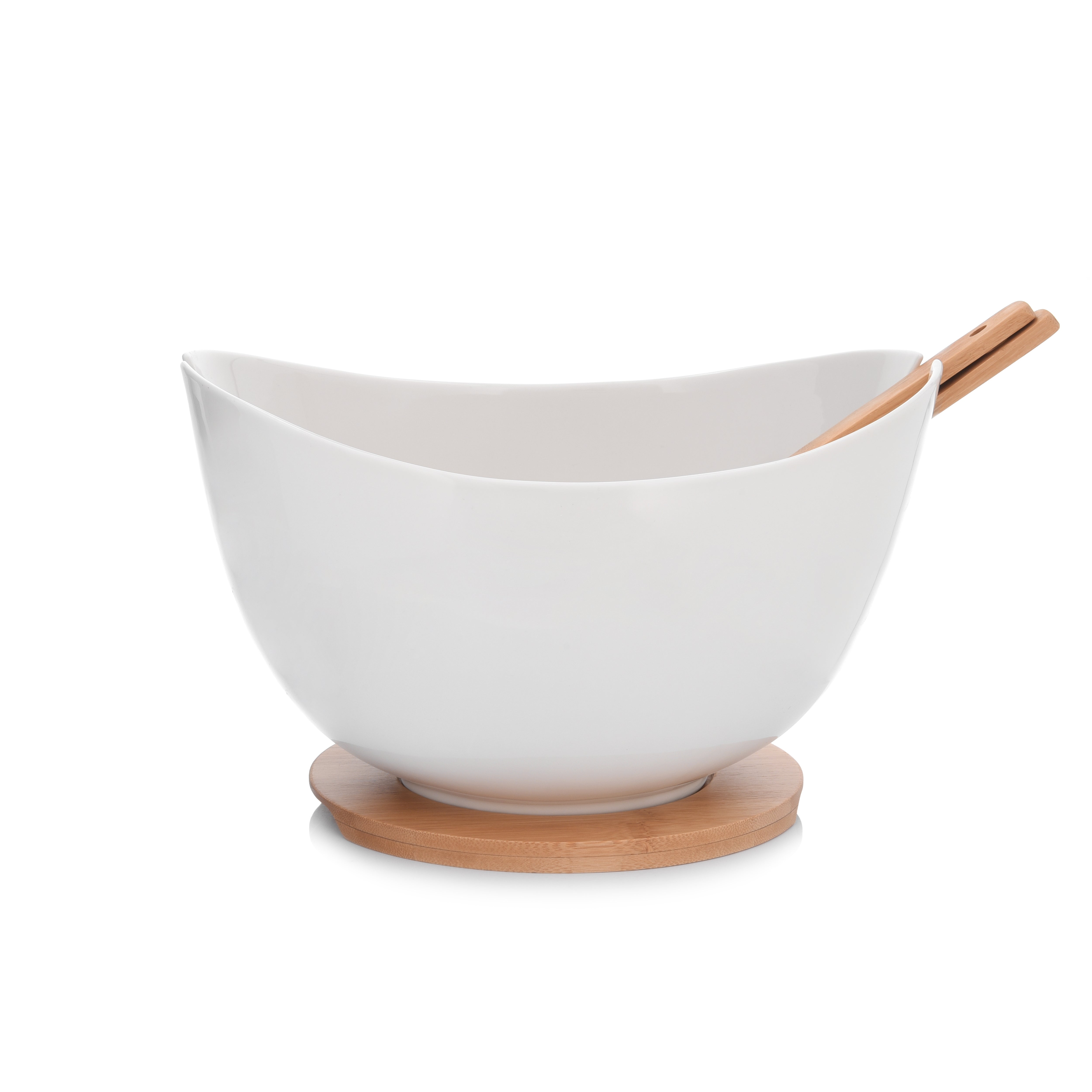 Large Salad Bowl with Wood Base and Bamboo Serving Utensils