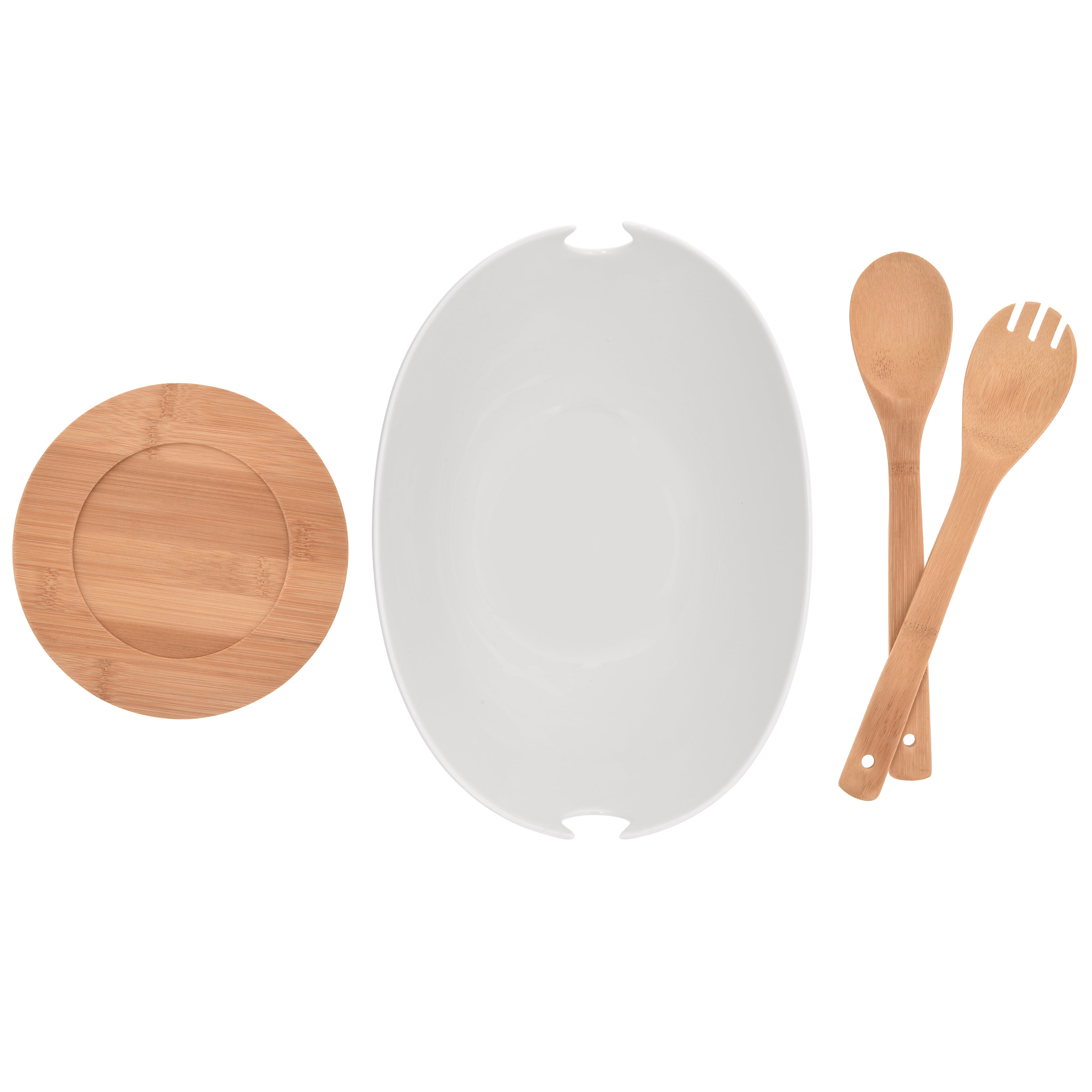 Large Salad Bowl with Wood Base and Bamboo Serving Utensils