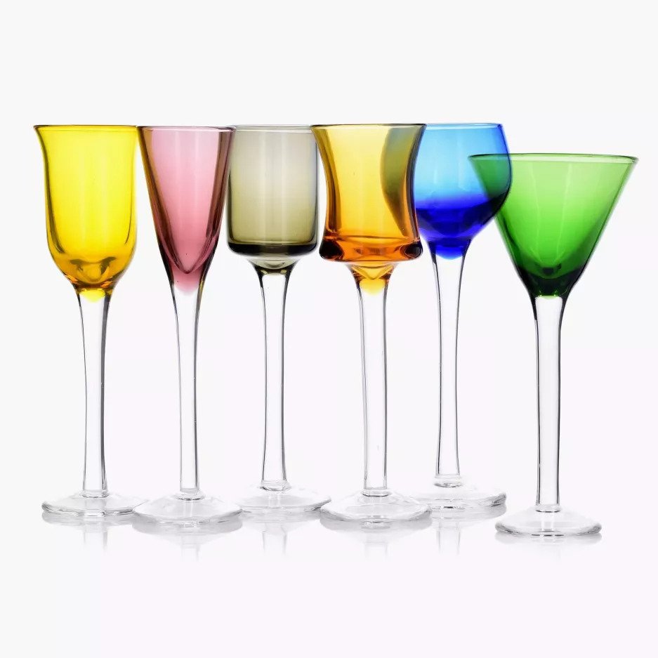 Set of Six Stemmed Colorful Cordial Glasses