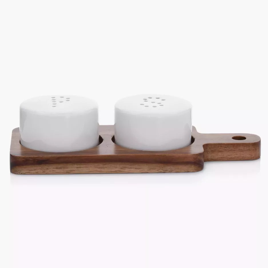 Set of Pepper and Salt Shakers, White Porcelain, Wooden Base