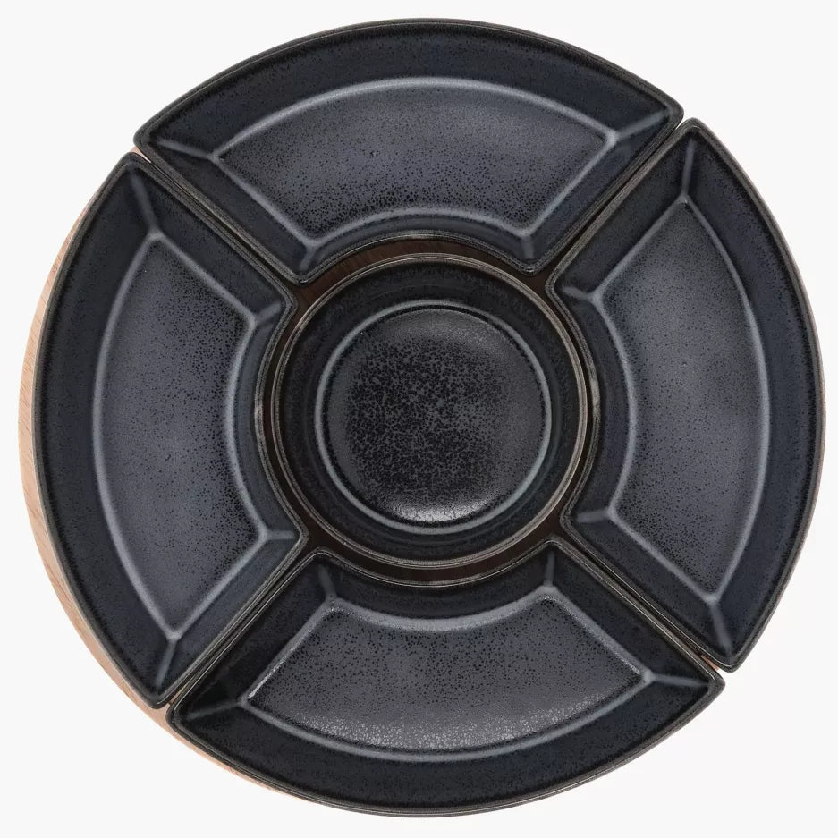 Five Section Rotating Serving Tray in Black with Wood Base