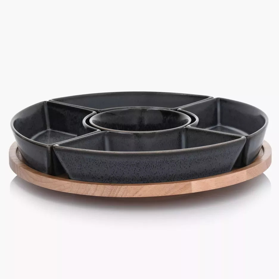 Five Section Rotating Serving Tray in Black with Wood Base