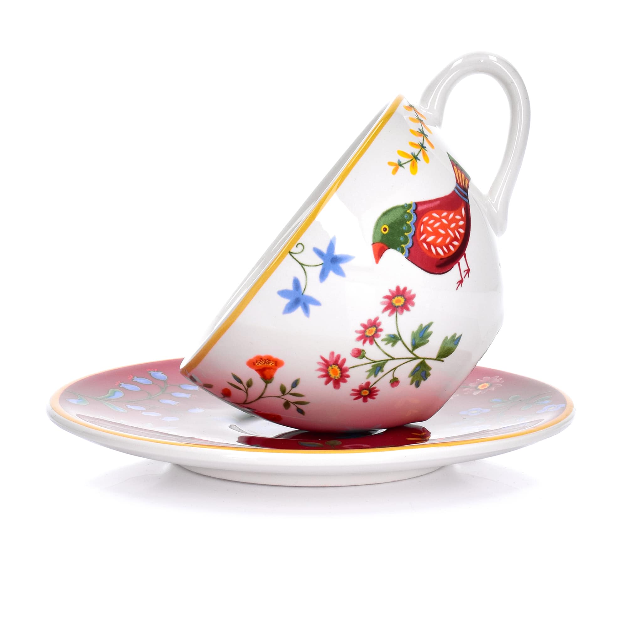 10-OZ Folk Art Inspired Ceramic Cup and Saucer