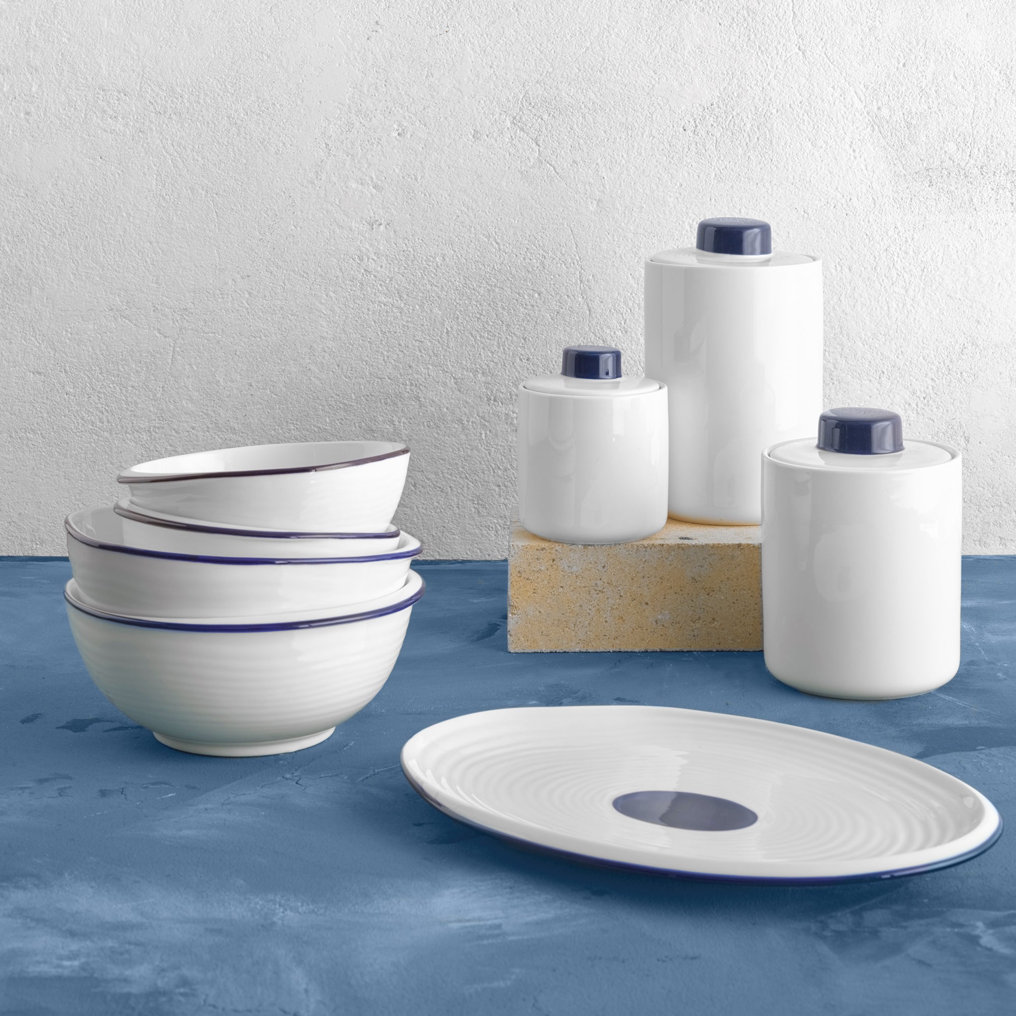 12-Inch White Serving Plate with Decorative Blue Dot - Set of Six
