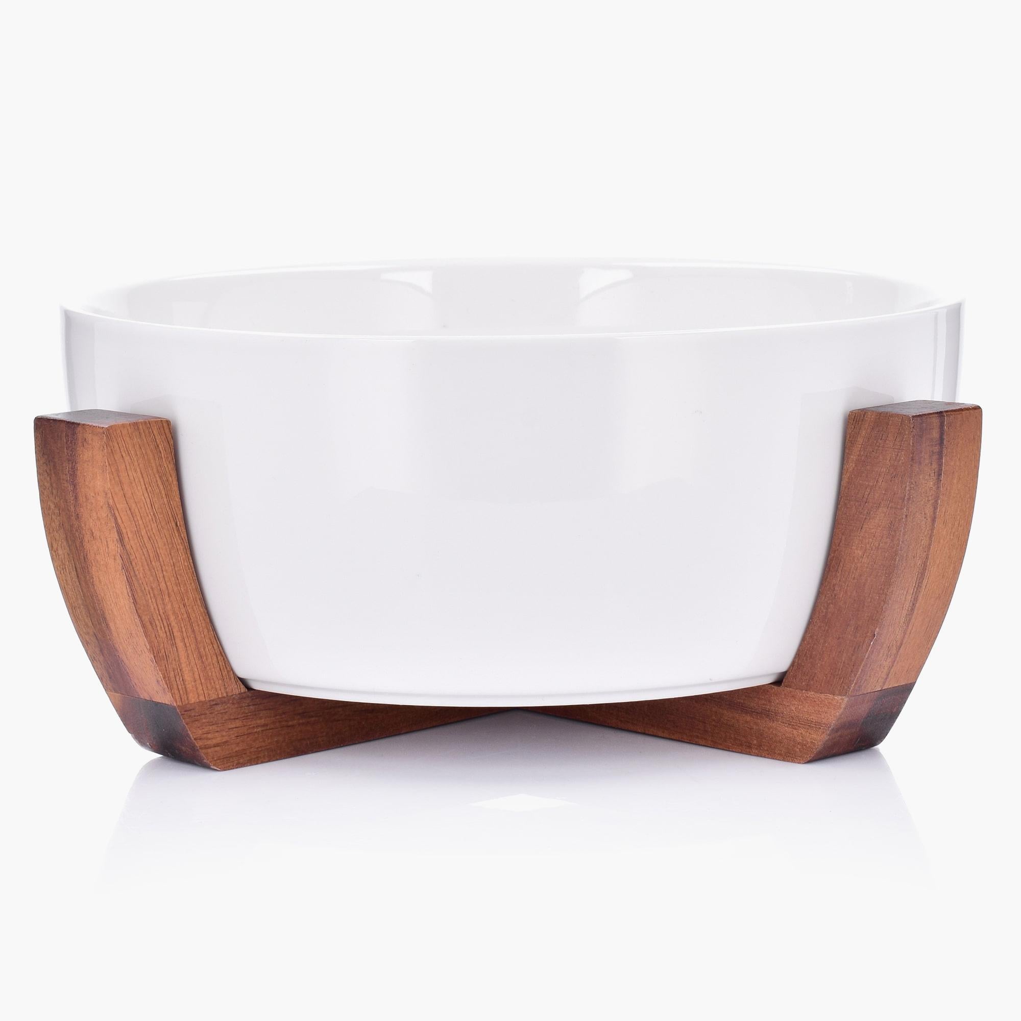 101 oz White Porcelain Salad Bowl with Wood Base