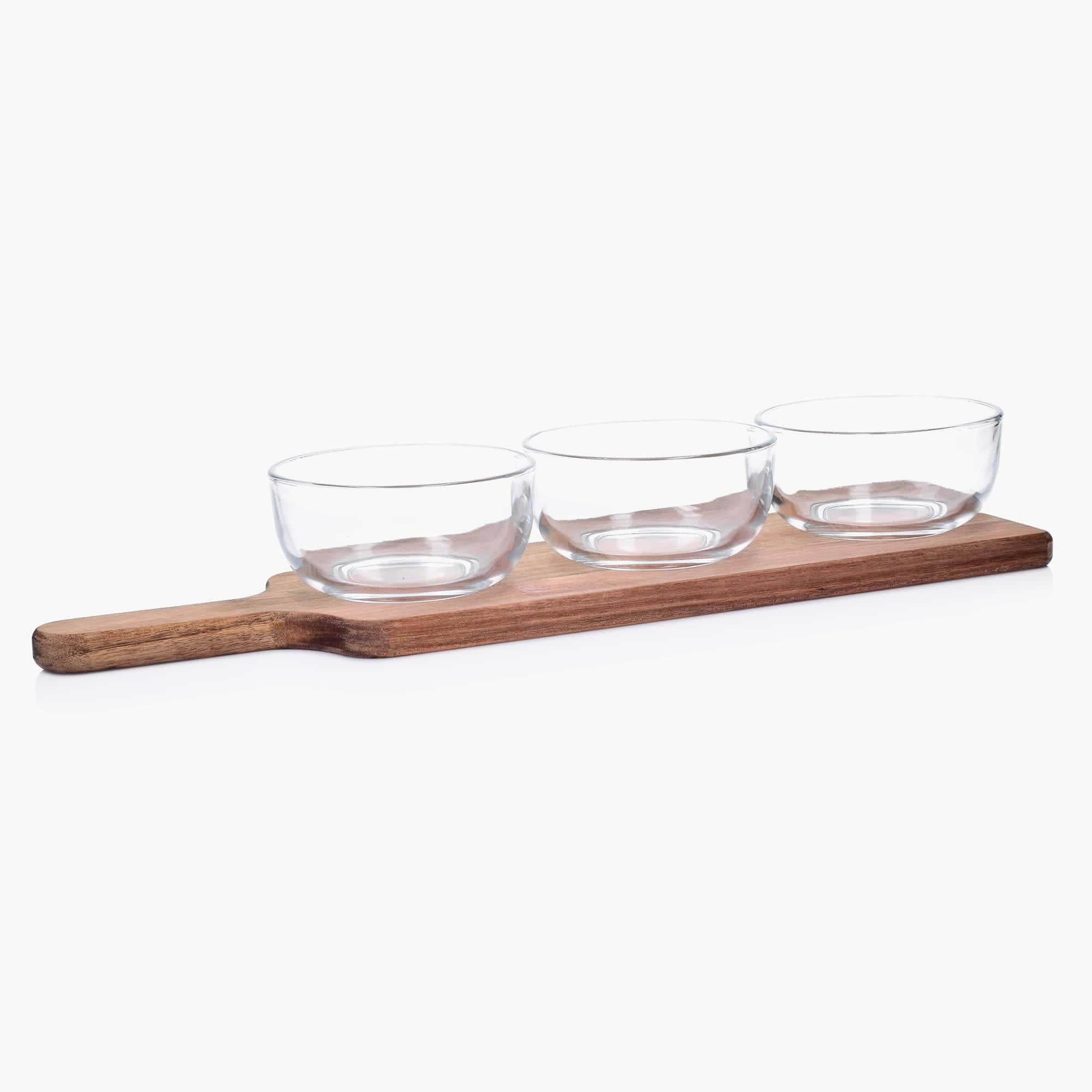 Wooden Flight Tray Paddle Set with Condiment Serving Bowls