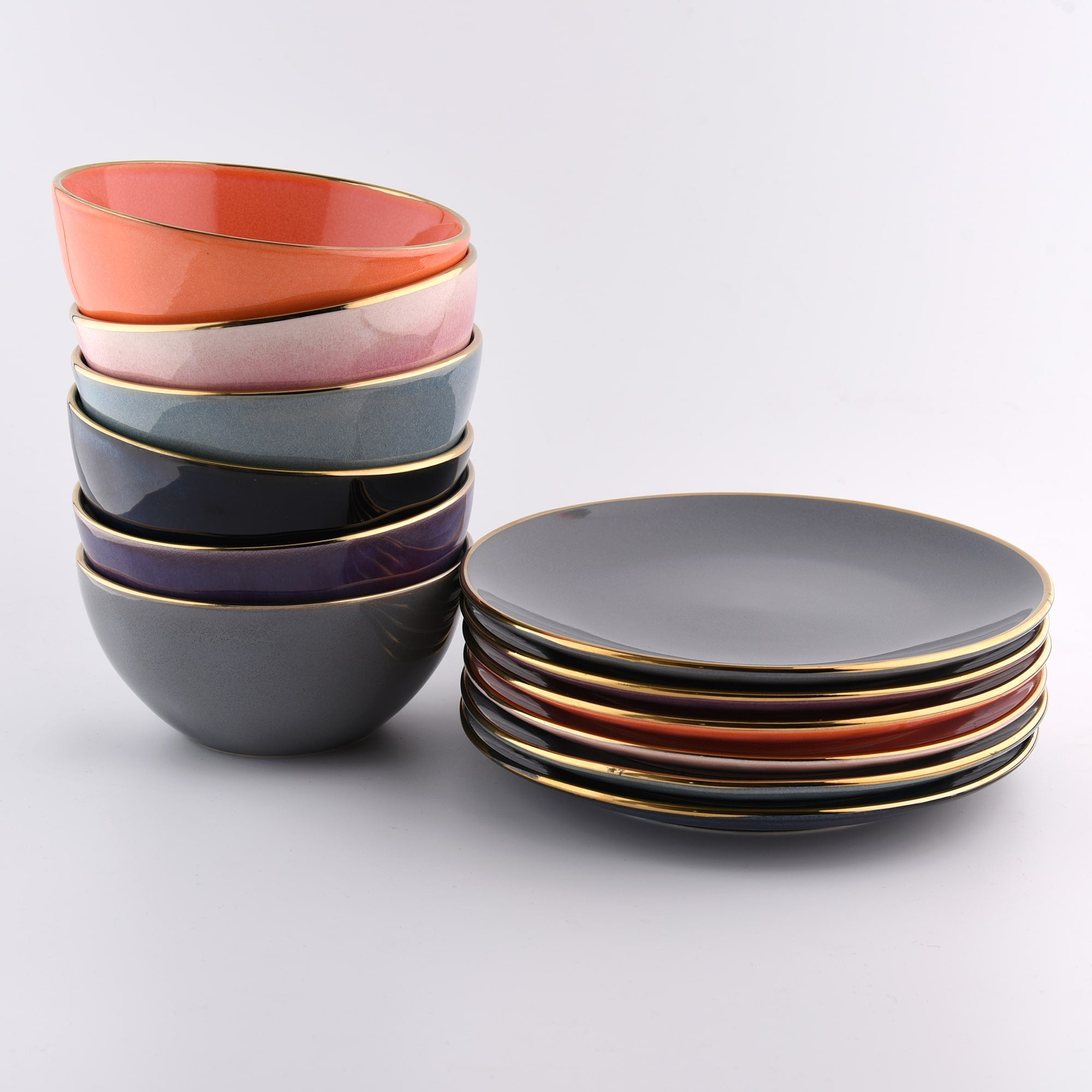 16-OZ Salmon Stoneware Bowl with Gold Rim - Set of Four