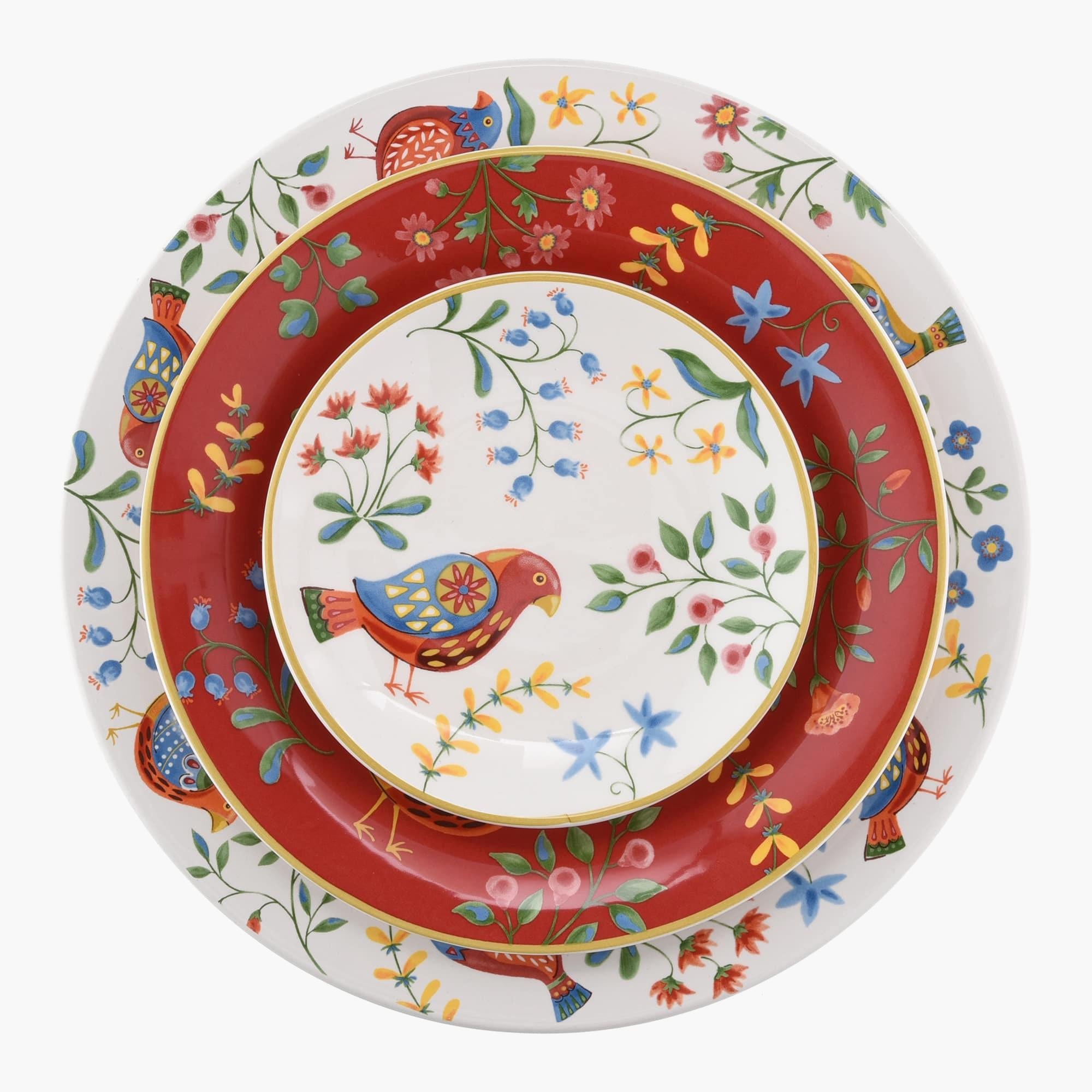 11-Inch Folk Art Inspired Ceramic Dinner Plate - Set of Four