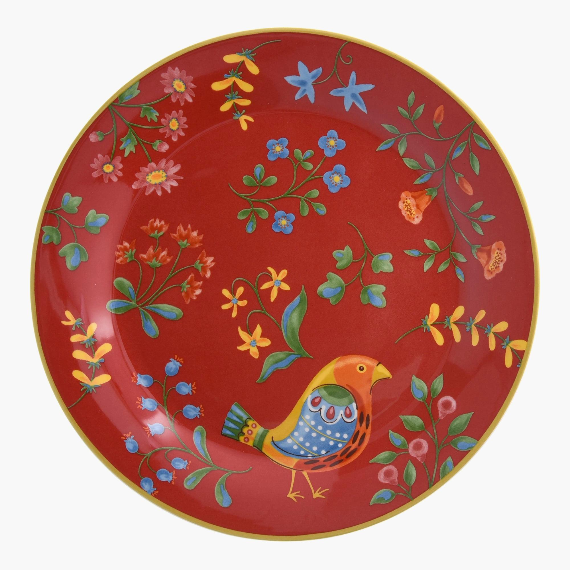 9-Inch Folk Art inspired Red Ceramic Salad Plate - Set of Four
