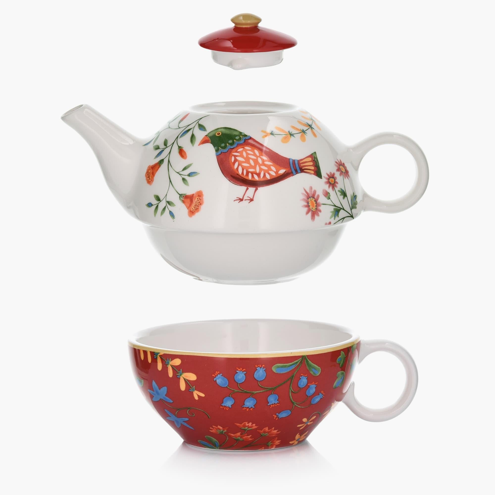 Folk Art Inspired Ceramic Teapot and Cup
